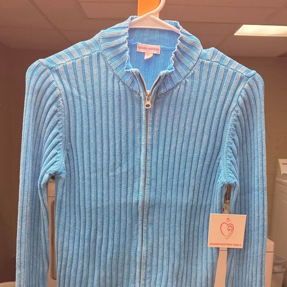 Neon Blue Zip Up Ribbed Knit Girls Sweater